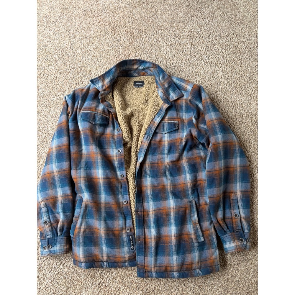 Marmot Mens XXL Blue Orange Plaid Sherpa Lined Flannel Shirt Jacket Pockets